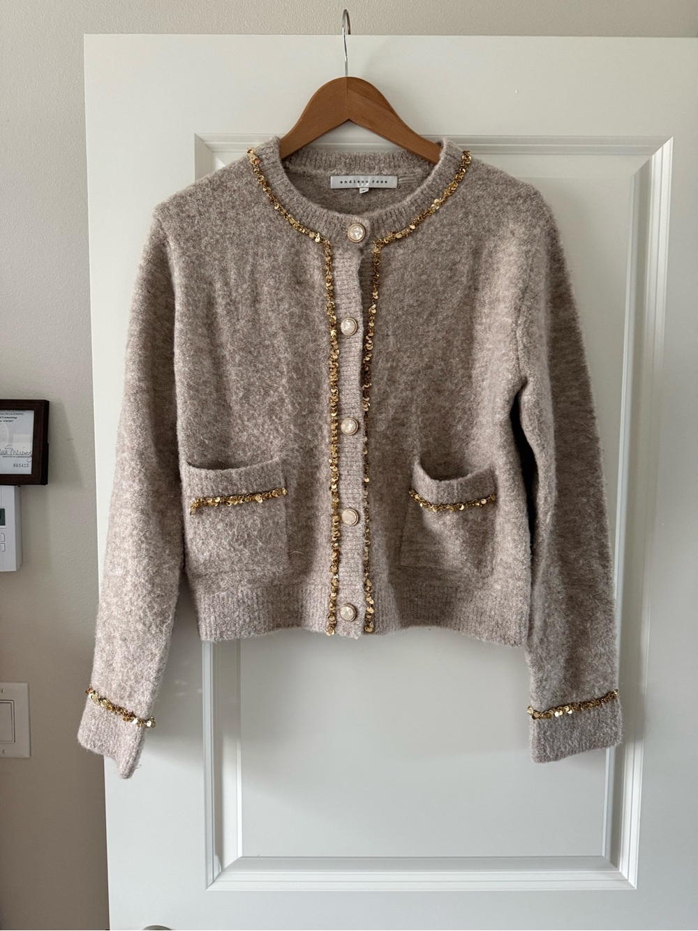 Endless Rose Taupe Cardigan with Gold Trim
